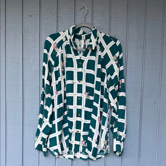 Free People Green and White Button Down Shirt - Picture 1 of 7